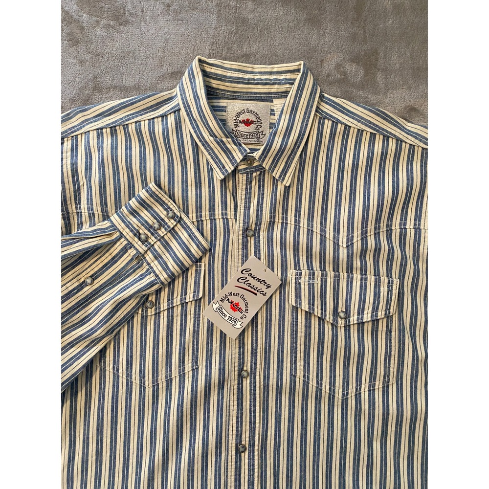 Mid-West Garment Co Western Shirt Sz L 16.5 Blue White Striped Pearl Snap Cotton